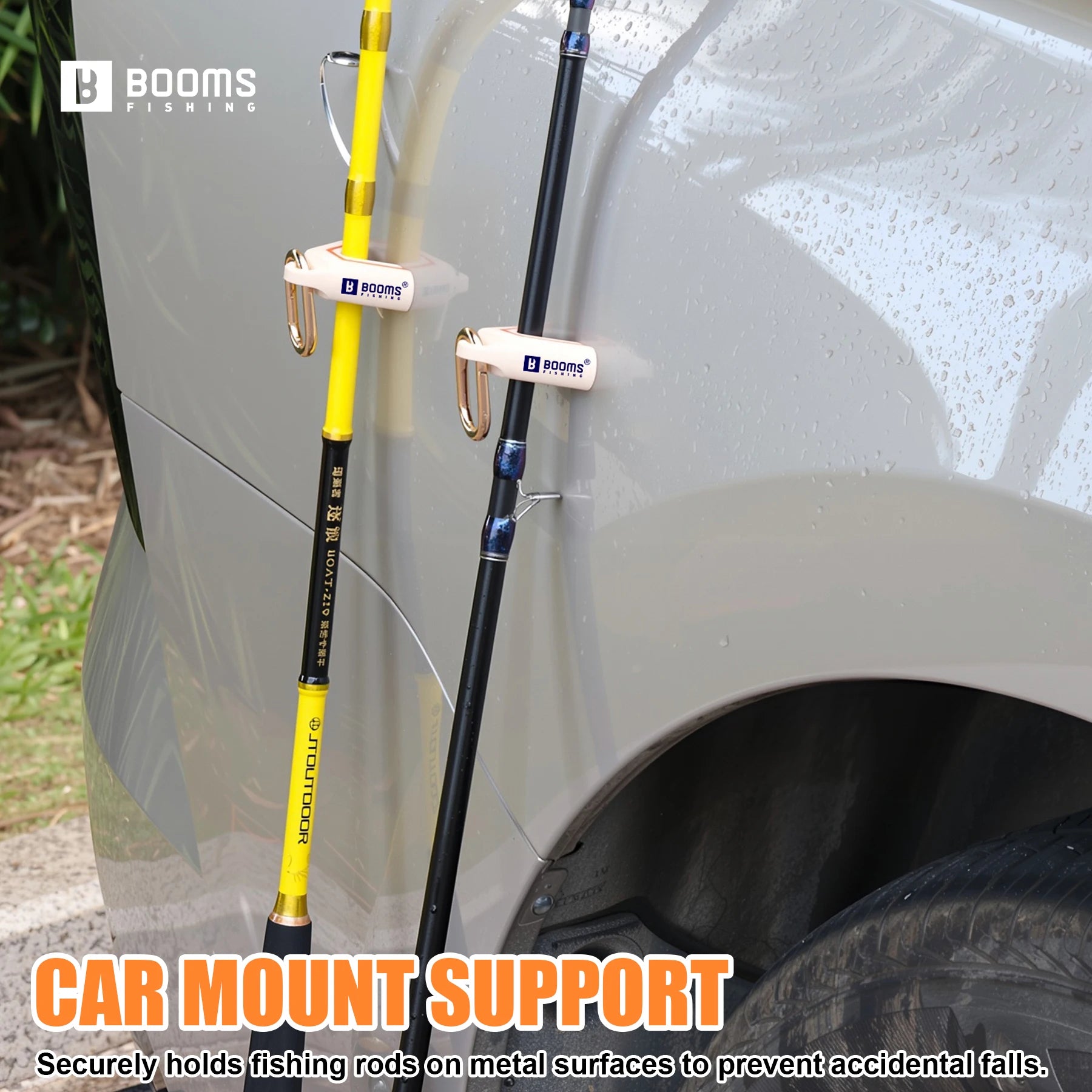 Magnetic fishing rod holder attached to car side panel securing rods safely during transport
