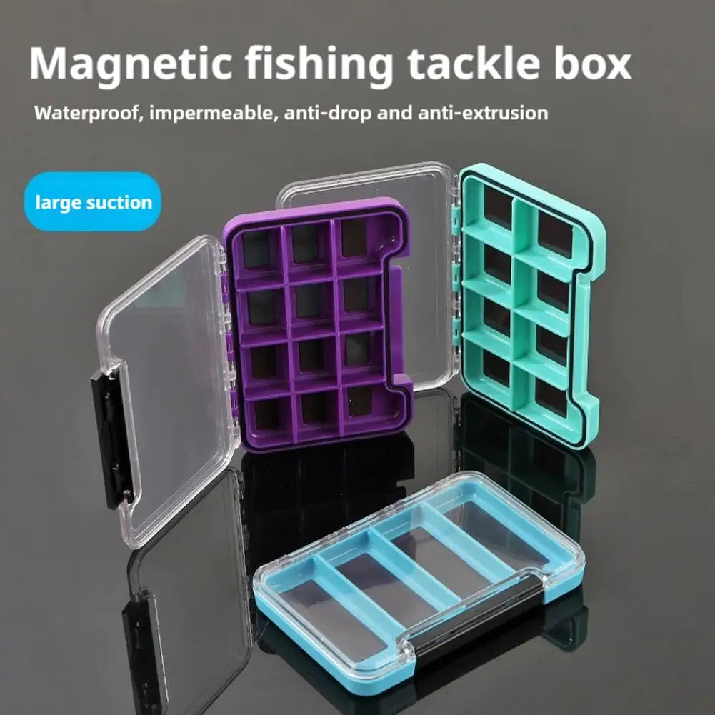 Magnetic fishing tackle box showing 4 8 and 12 section layouts