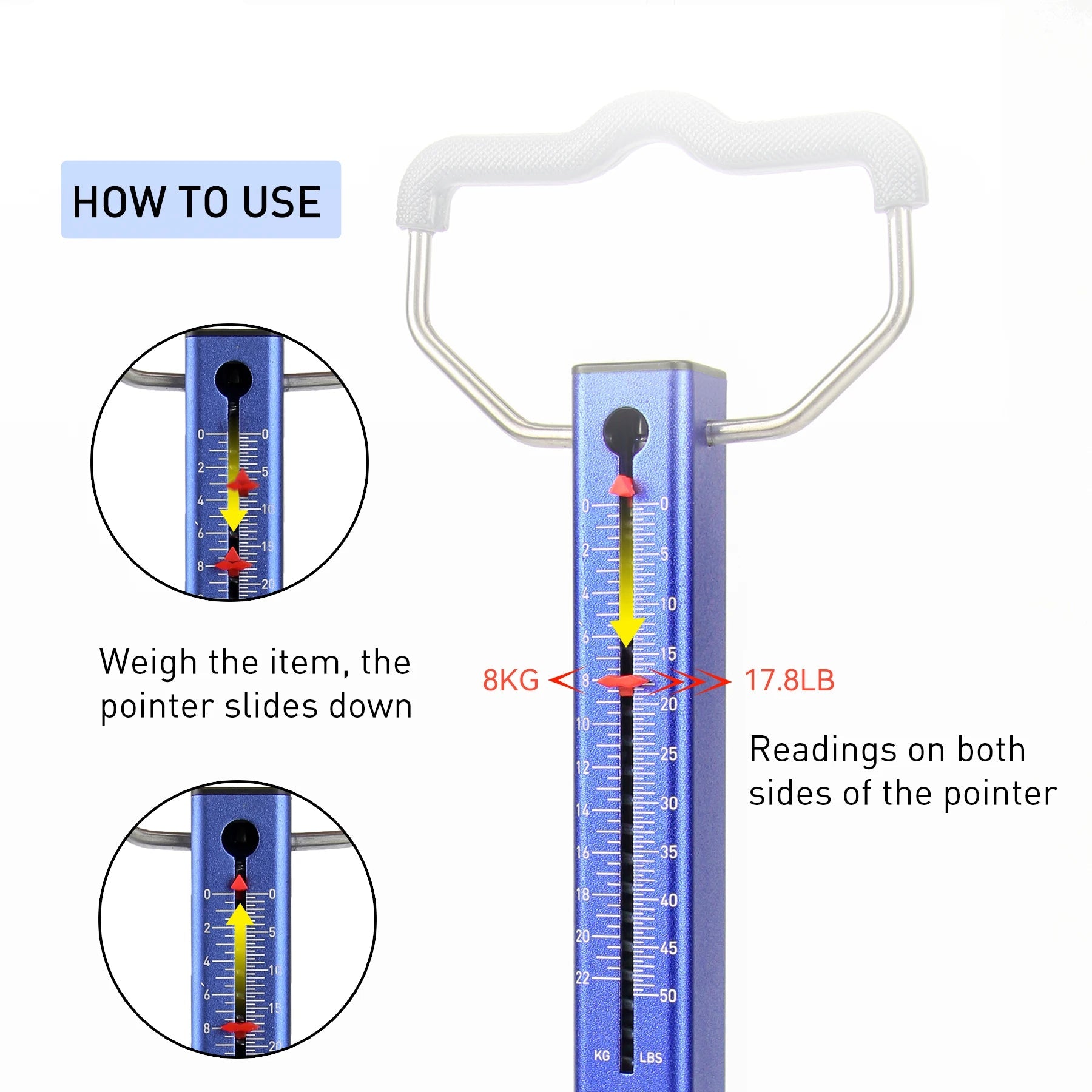 Mechanical fishing scale showing pointer indicator and weighing method