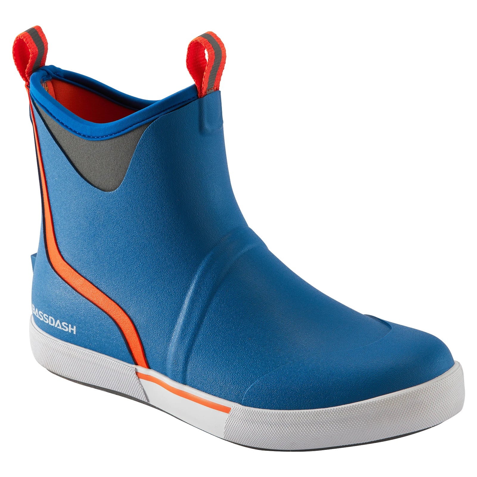 Blue men’s ankle deck boots with pull tabs and rubber sole