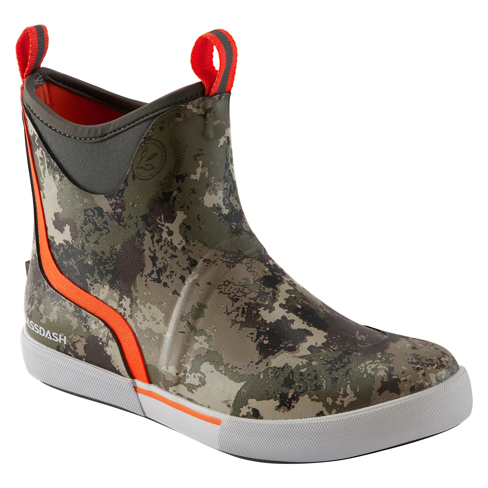 Camouflage men’s ankle deck boots with orange trim and pull tabs