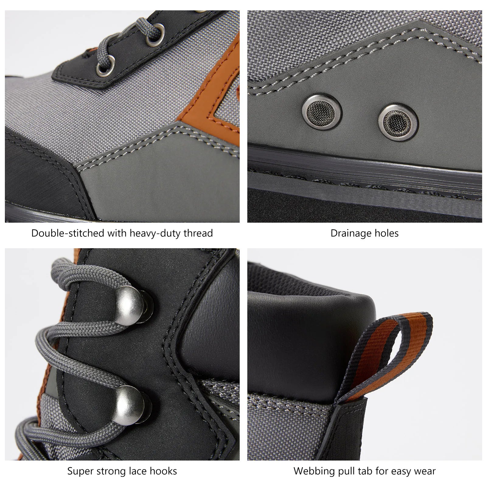 Men’s wading boots close up showing lace eyelets and padded collar