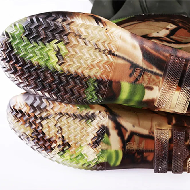 Men’s waterproof fishing boots sole close up showing non slip tread
