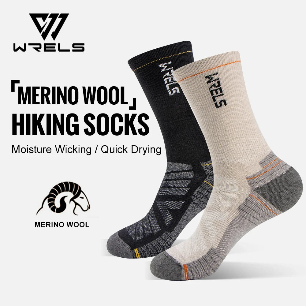 Black and beige merino wool hiking crew socks