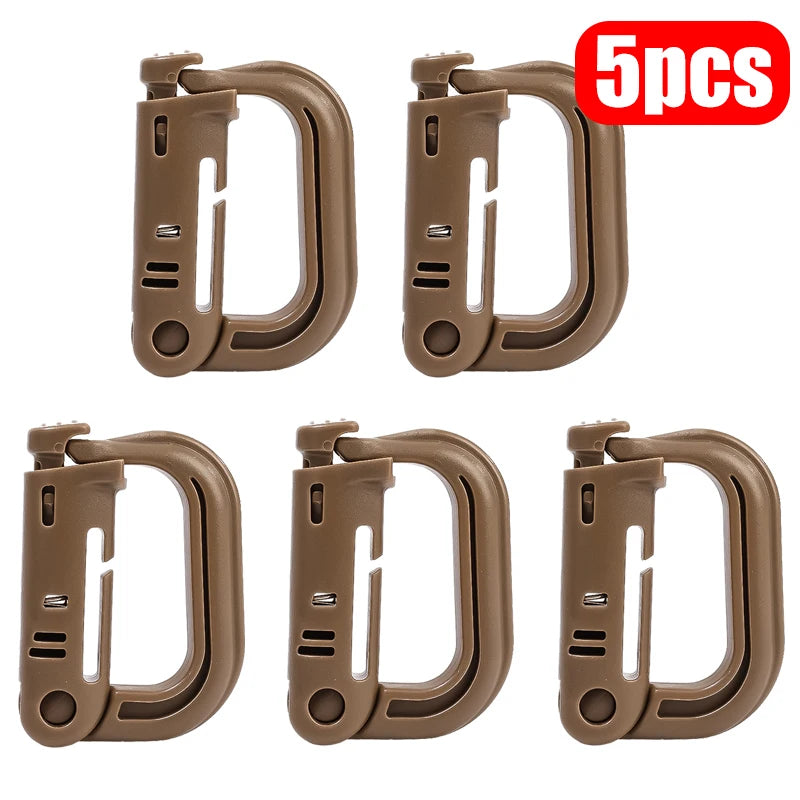 Five pack brown MOLLE D-ring gear clips for outdoor gear