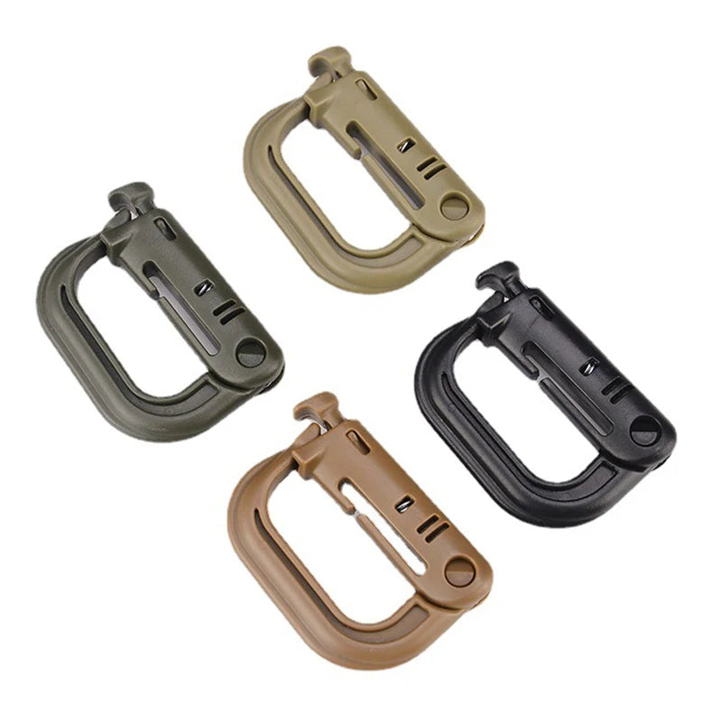 MOLLE D-ring clips in black, tan, and green