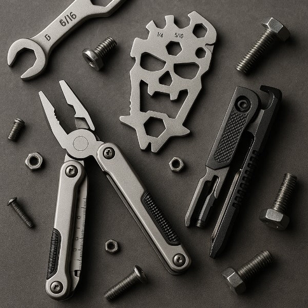 Multitool, skull-shaped tool, and screws on a dark surface