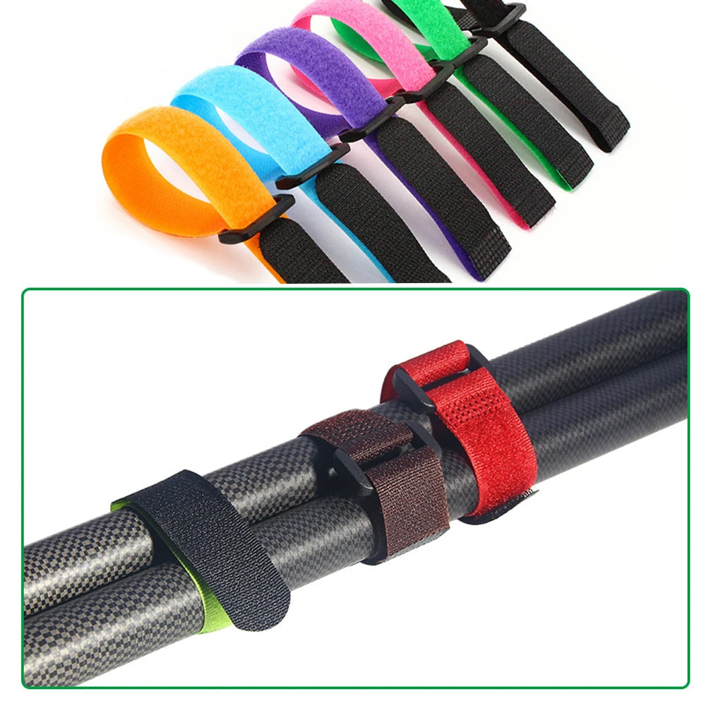 Set of multicolour adjustable hook-and-loop rod ties for fishing and outdoor gear organisation