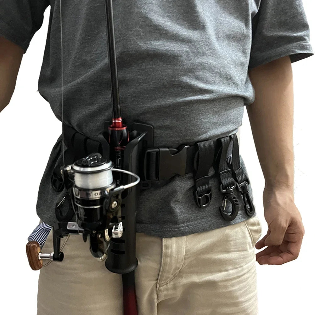Adjustable nylon fishing wader belt with rod holder and tool clips for surf and kayak fishing