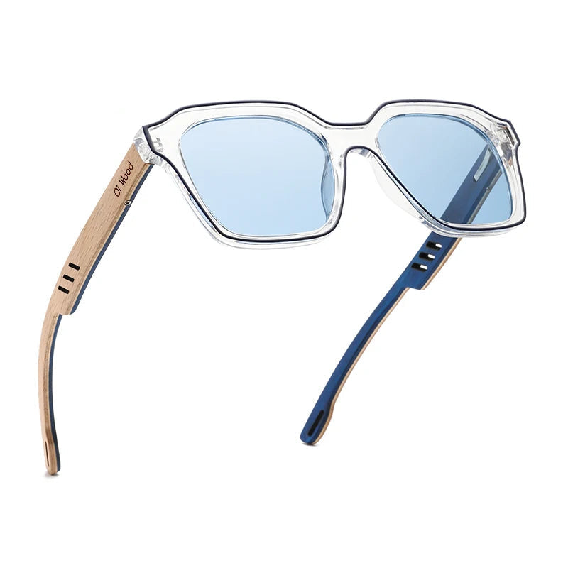 OI WOOD blue mirrored polarised sunglasses with light wood-grain temples and UV400 lenses