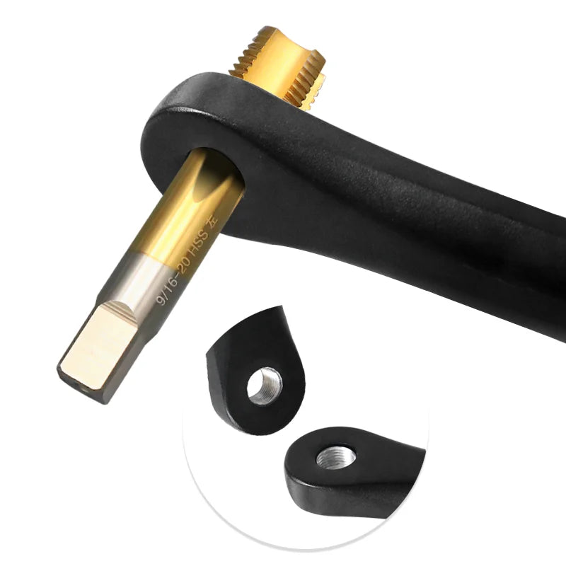 Bike pedal thread tap installed in handle for crank thread restoration