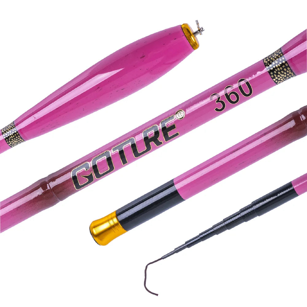 Close-up of pink GOTURE telescopic fishing rod showing handle, guides, and gold reel seat