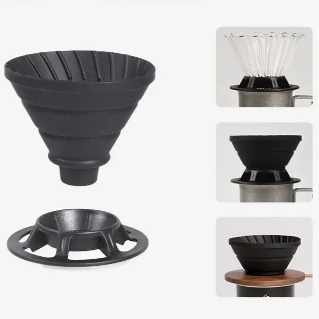 Compact foldable silicone coffee dripper shown open and folded for easy outdoor brewing and travel use