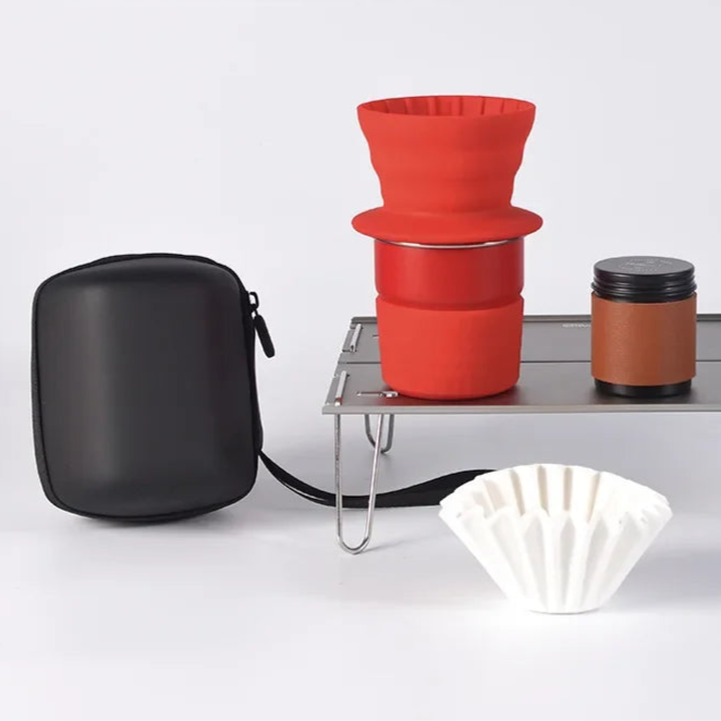 Portable hand brew coffee set with stainless steel cup, silicone filter, and travel case for outdoor use