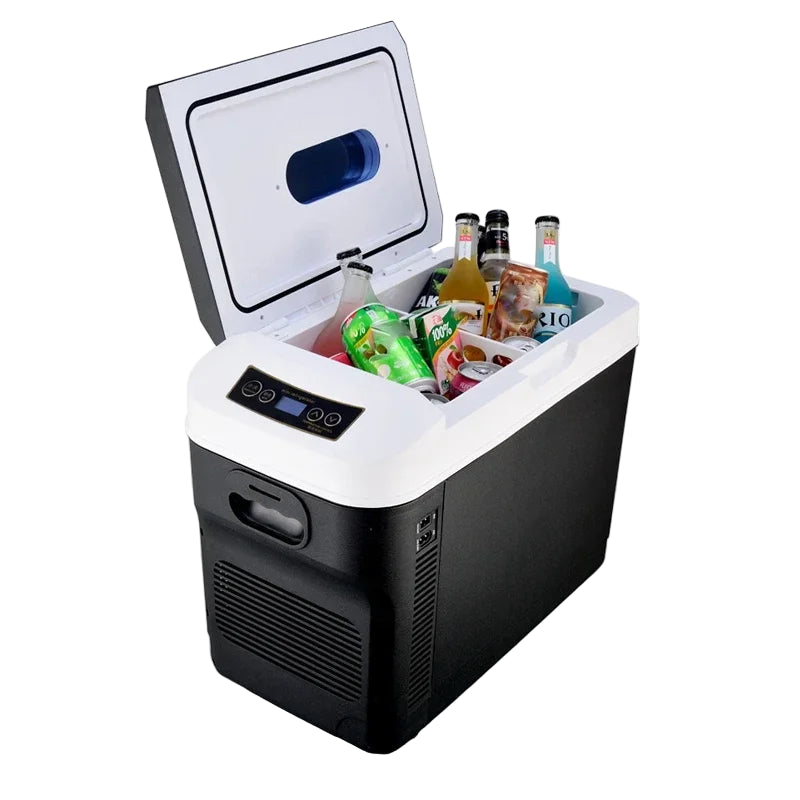 Compact 28L portable fridge with open lid showing drinks and snacks inside for travel or camping