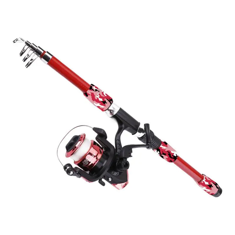 Red telescopic kids fishing rod with spinning reel for beginners