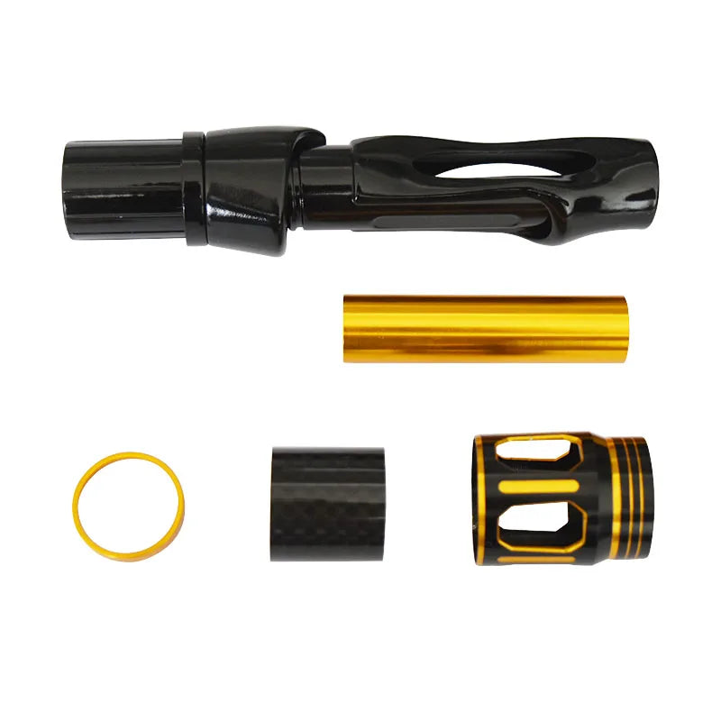 Reel seat parts and fittings kit showing tube, locking rings, and threaded insert for rod assembly
