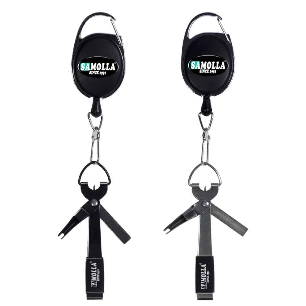 Retractable fishing tool lanyard with line cutter and knot tool