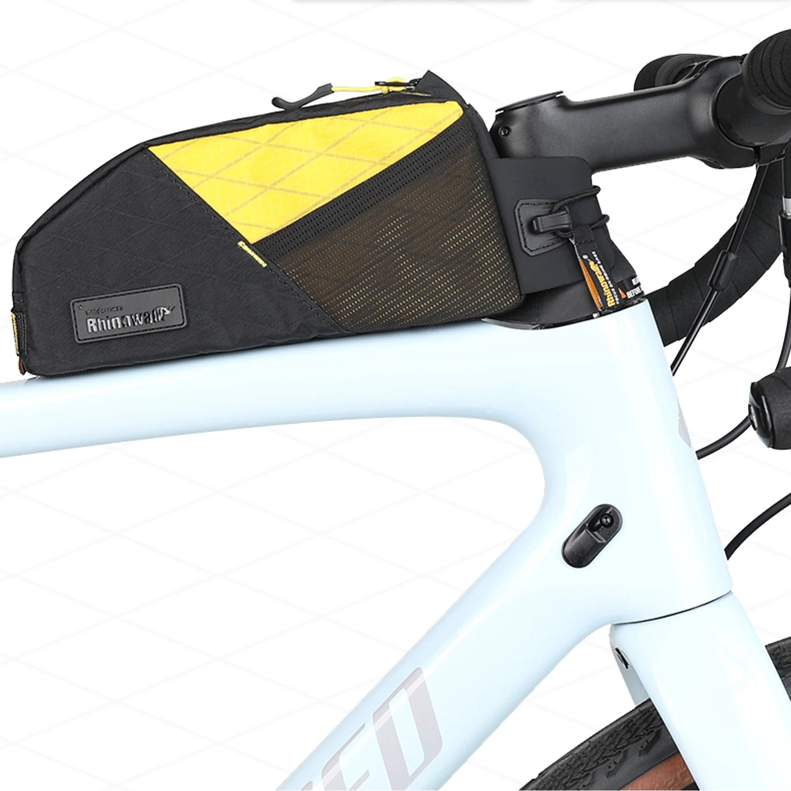 Rhinowalk top tube bike bag mounted on road bike frame showing sleek design and waterproof nylon finish