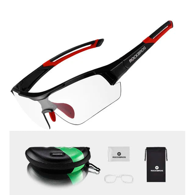 ROCKBROS black and red frame photochromic cycling glasses with UV400 protection