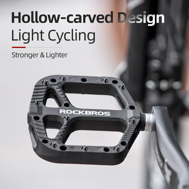 ROCKBROS flat platform pedals installed on bicycle for riding use