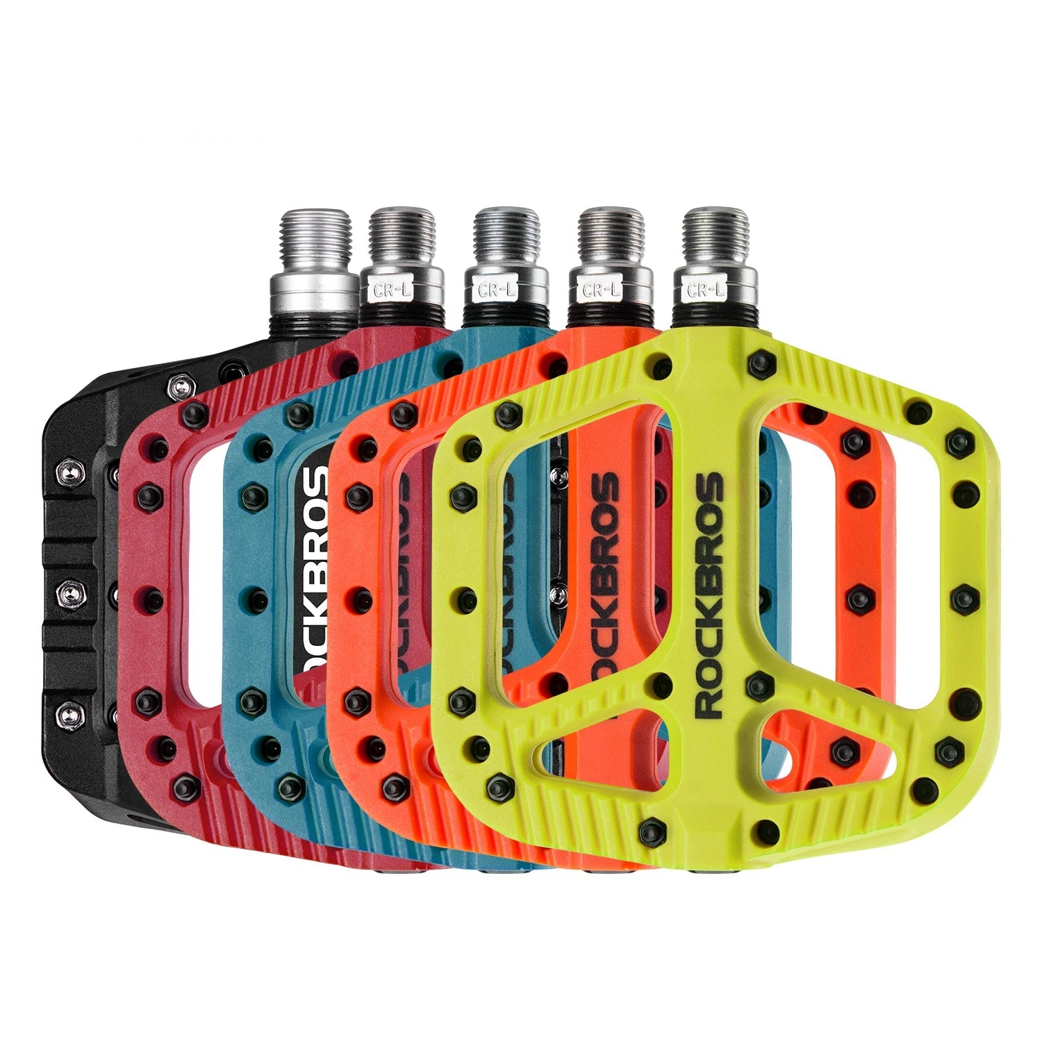 ROCKBROS nylon flat platform bike pedals showing full colour range