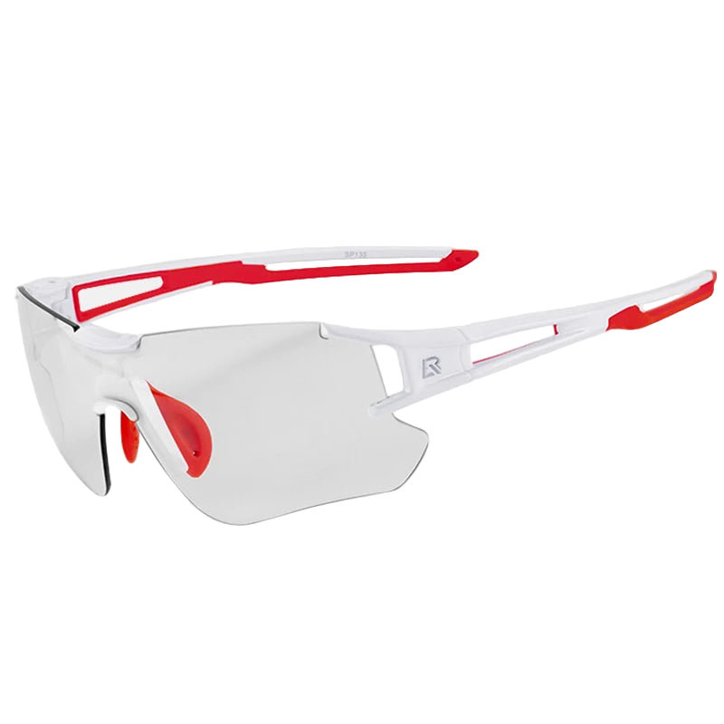 ROCKBROS photochromic polarised sports glasses with red frame and UV400 clear lens