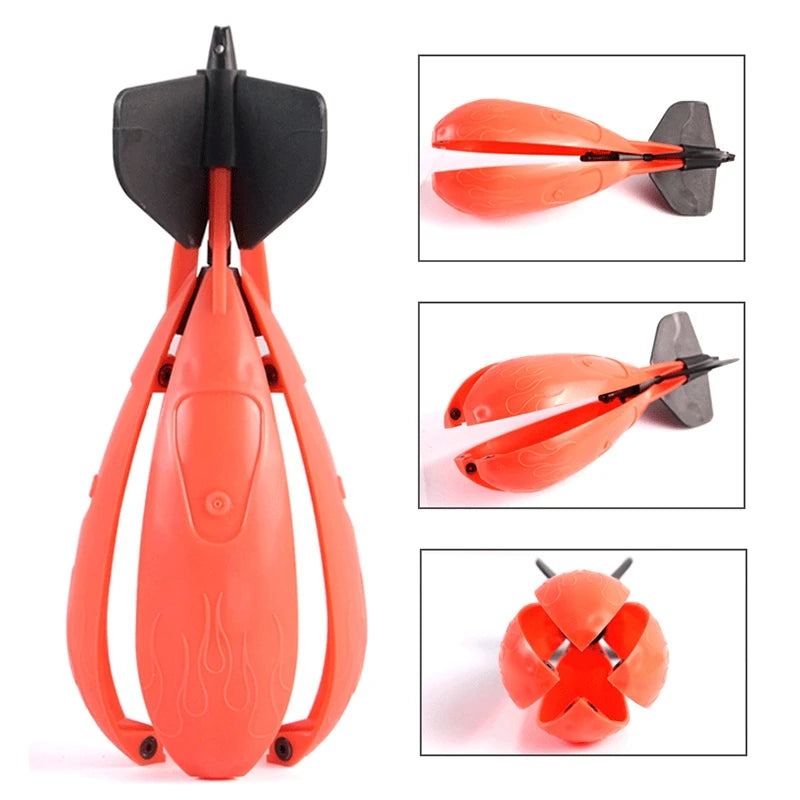 Rocket bait feeder showing open bait container and detachable parts