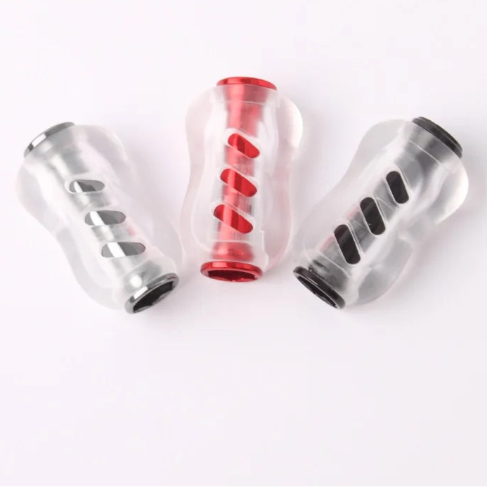 RUKE acrylic baitcasting reel knobs in silver, red, and black for smooth grip and balanced casting performance
