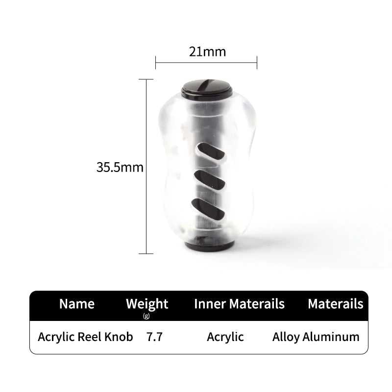 RUKE acrylic reel knob dimension chart with 35.5 mm length and 7x4x2.5 mm bearing size for baitcasting reels