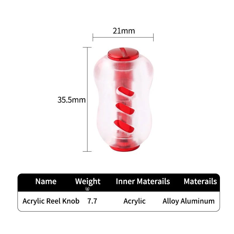Red RUKE acrylic red baitcasting reel knob with full measurement details for compatible reel handle fitting