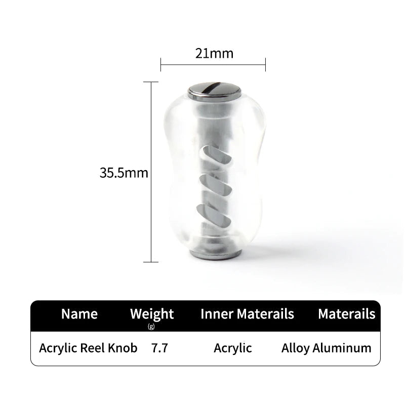 RUKE acrylic silver reel knob dimension chart with 35.5 mm length and 7x4x2.5 mm bearing size for baitcasting reels