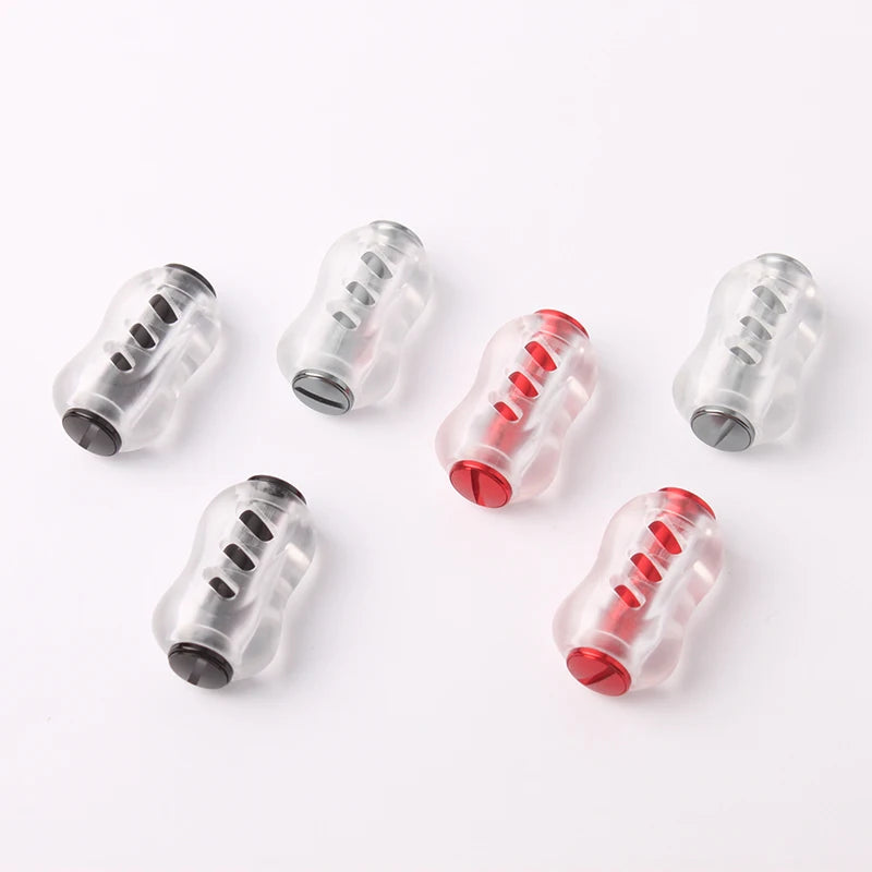 RUKE acrylic baitcast reel knob range showing colour options and ergonomic spiral-cut design for anglers