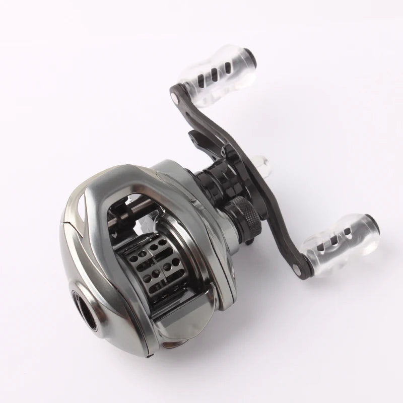 RUKE acrylic reel knob installed on baitcasting reel, demonstrating smooth handle control and comfort for fishing