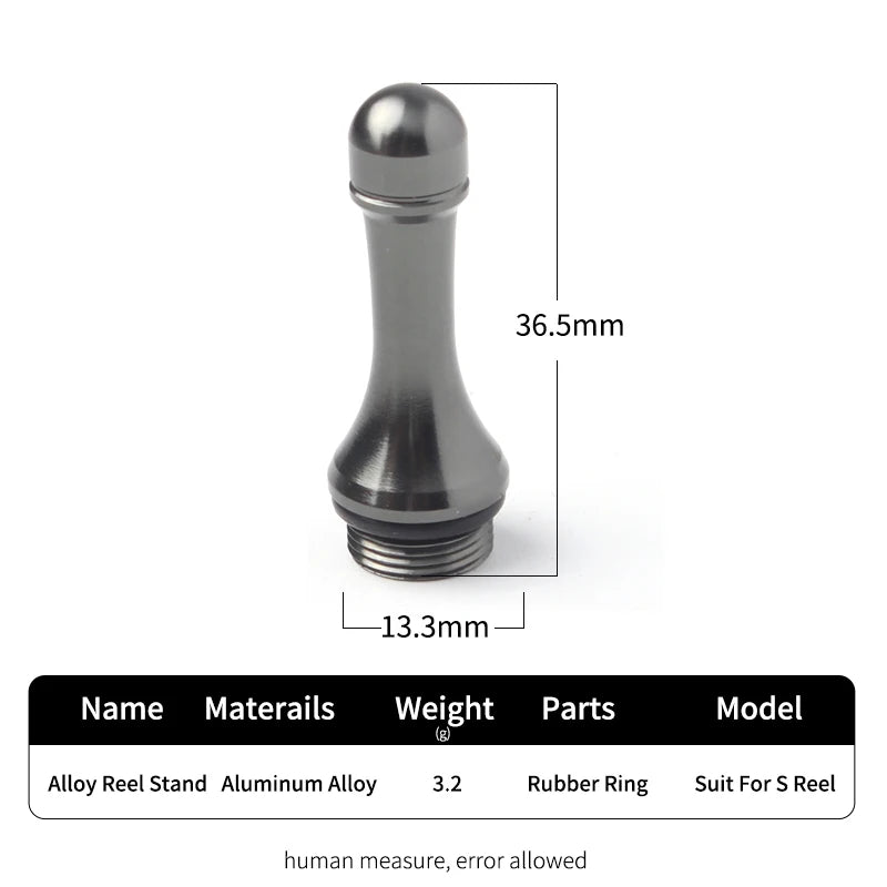 RUKE aluminium reel stand shown on digital scale highlighting lightweight 3.2 g construction