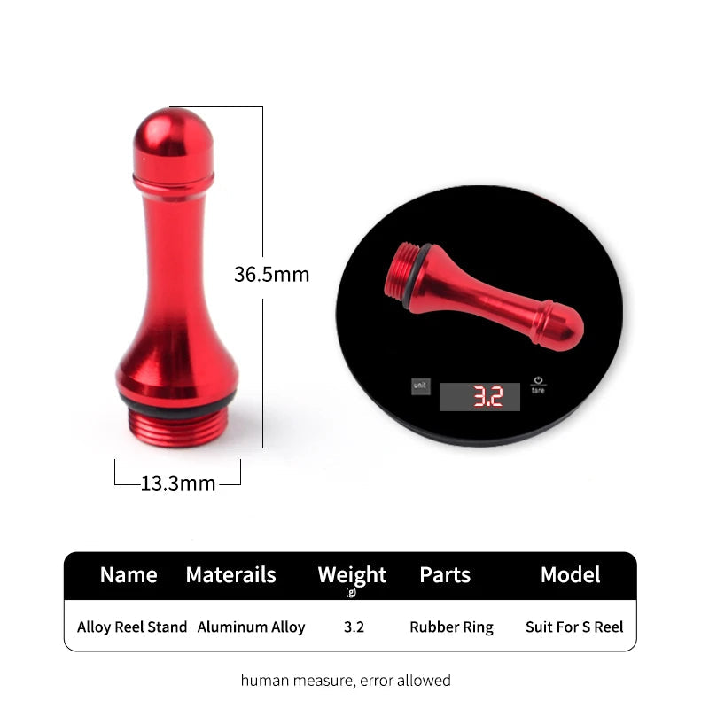 RUKE aluminium reel stand shown on digital scale highlighting lightweight 3.2 g construction