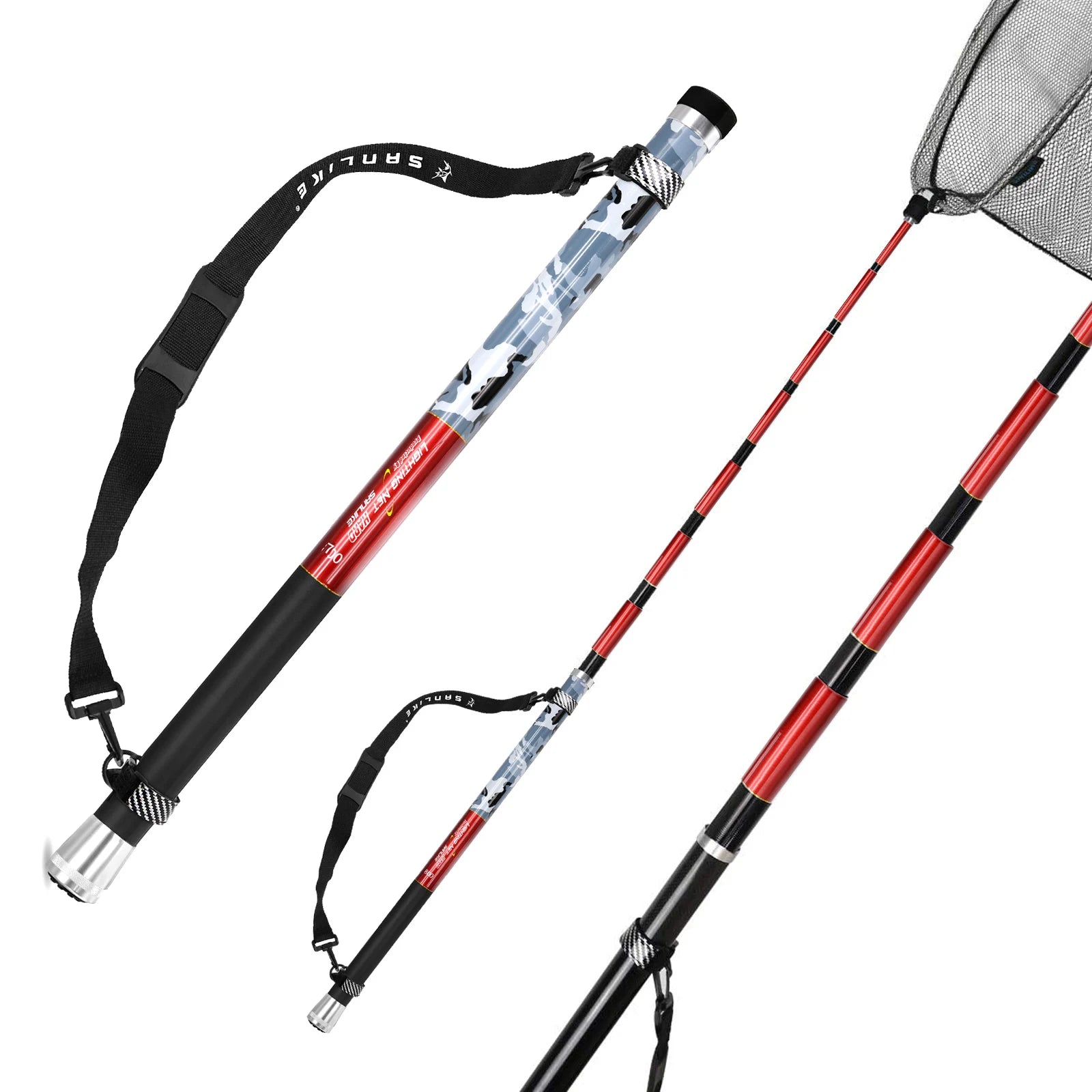 Telescopic landing net handle showing extended sections and shoulder strap