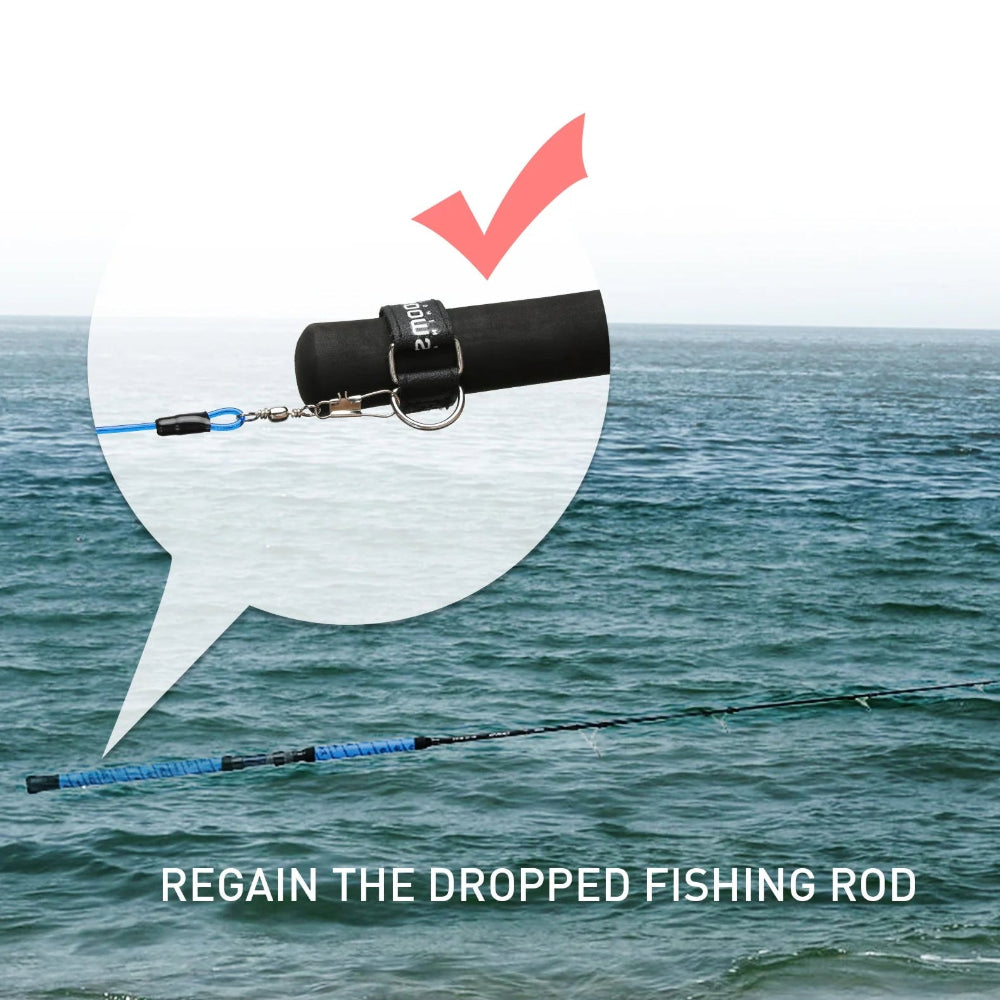 Neoprene rod strap securing fishing rods to prevent tangles and damage during transport
