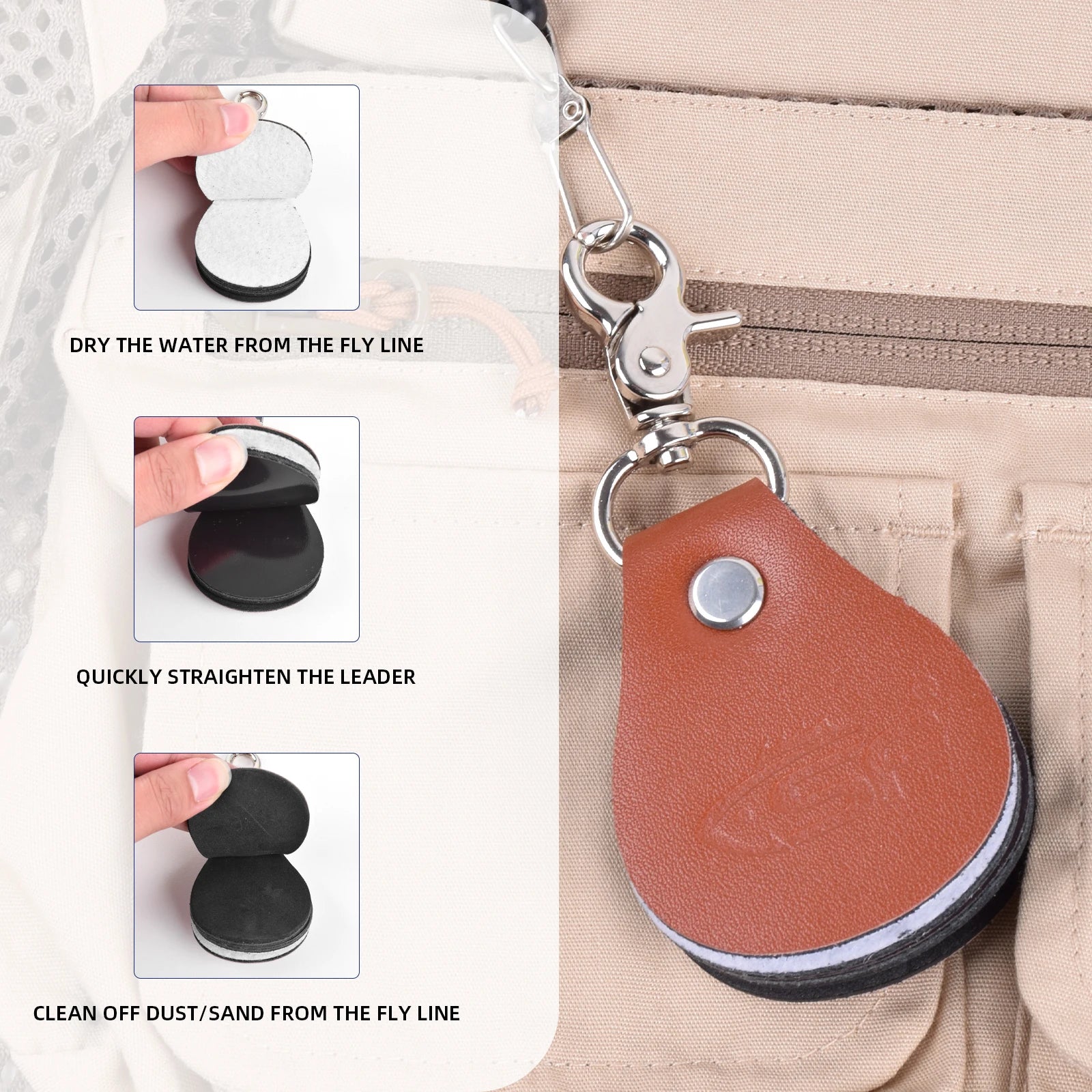 Compact SF fly line straightener and retractor clipped to a fishing pack for easy on-the-go use