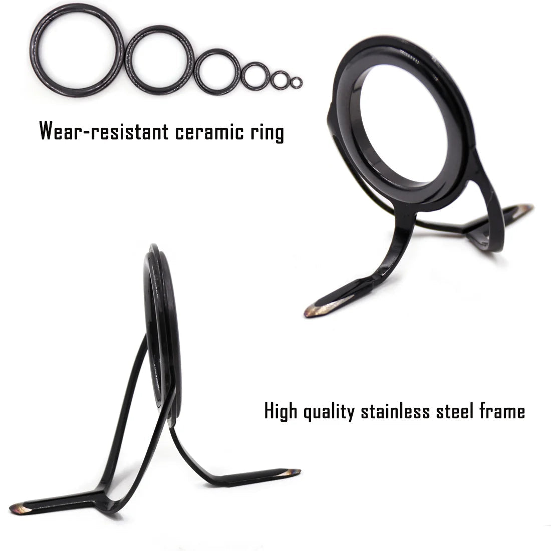 Close-up of stainless steel fishing rod guide with flared frame and ceramic inner ring