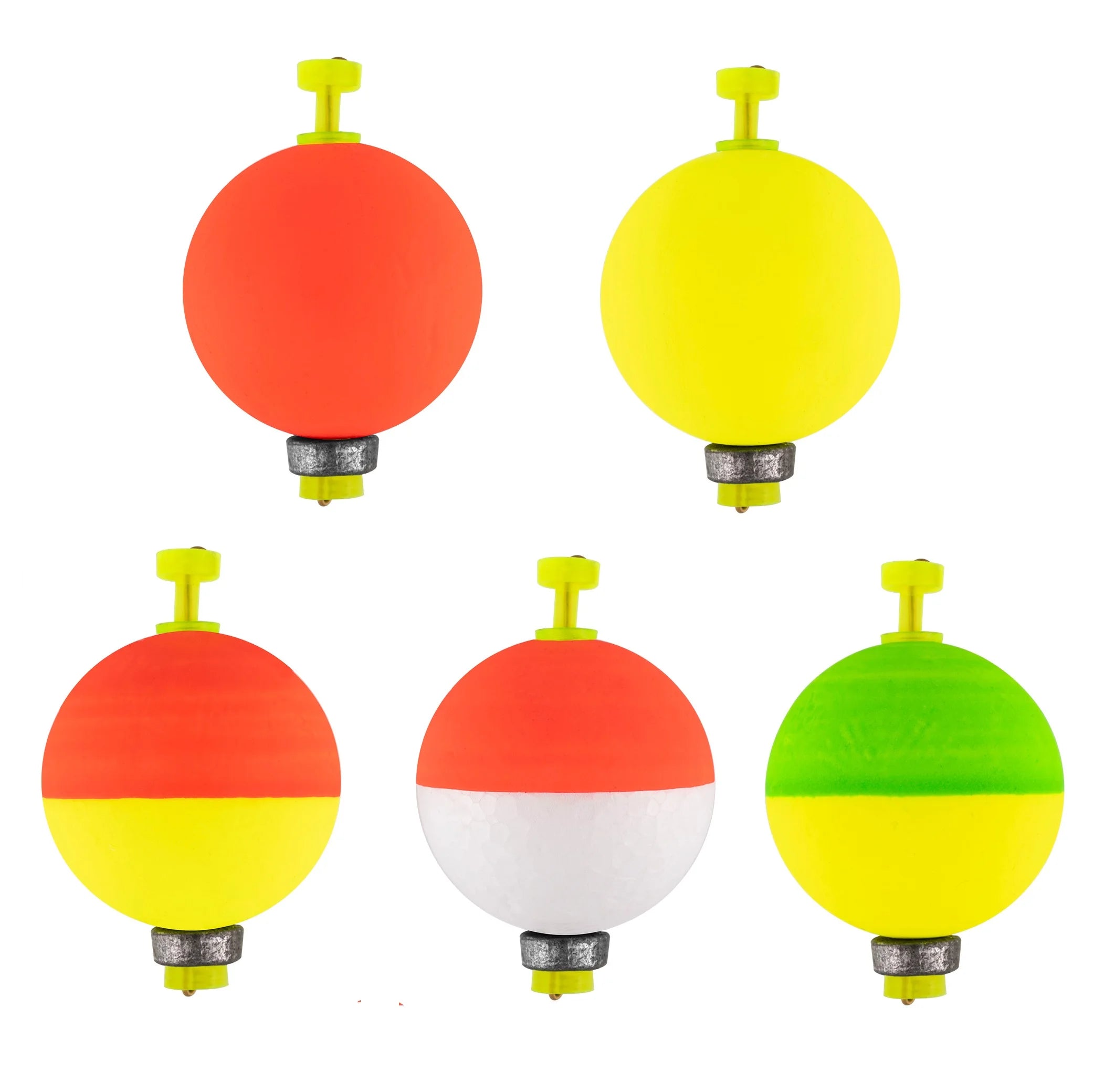 Snap-on round fishing bobbers in bright colours for strike detection