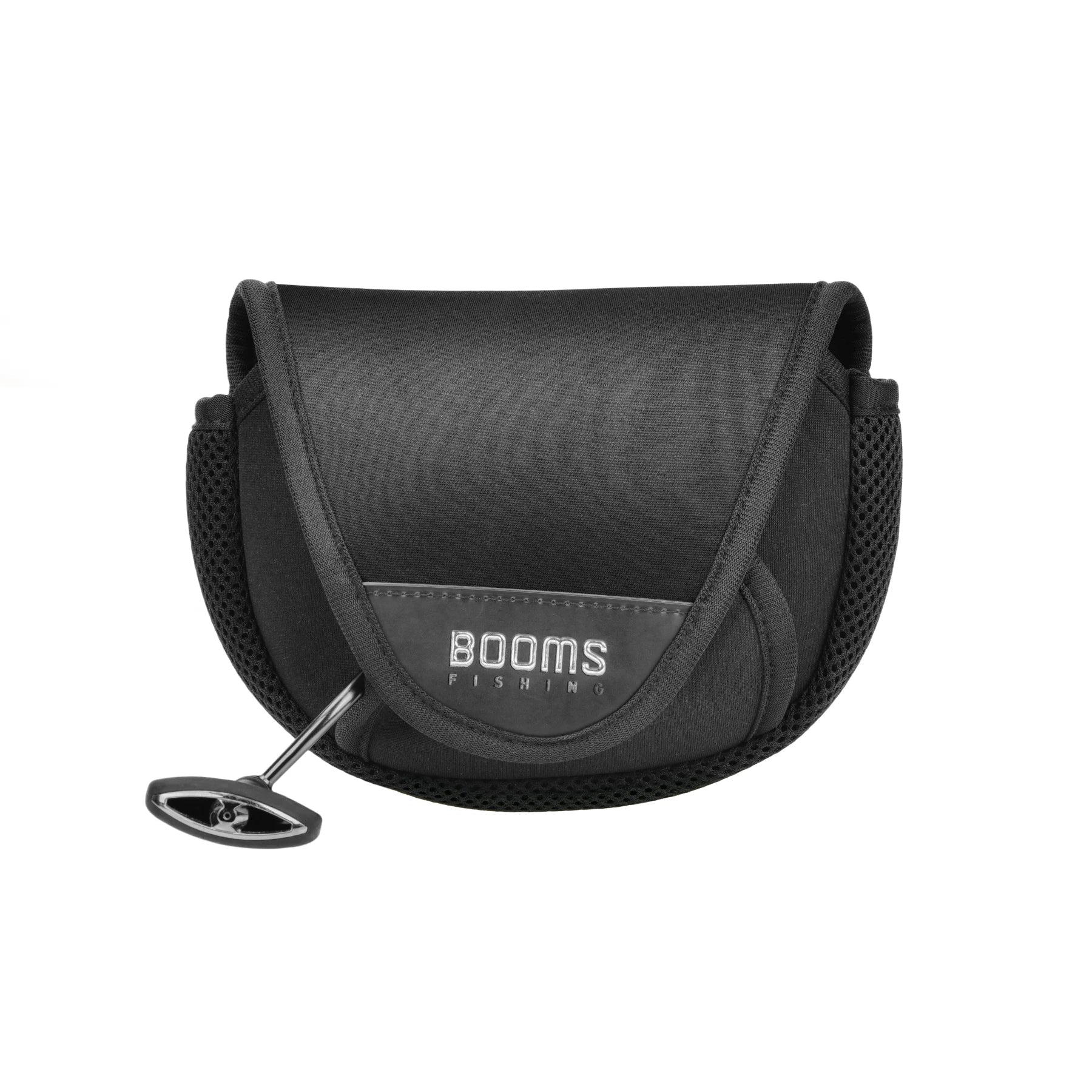 Black neoprene spinning reel cover with hook loop closure