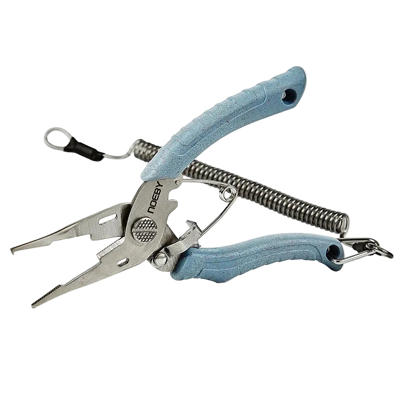 Split ring fishing pliers with coiled lanyard for lure changes