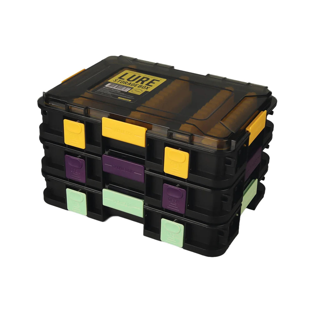 Stackable lure storage boxes with modular link system and coloured clips
