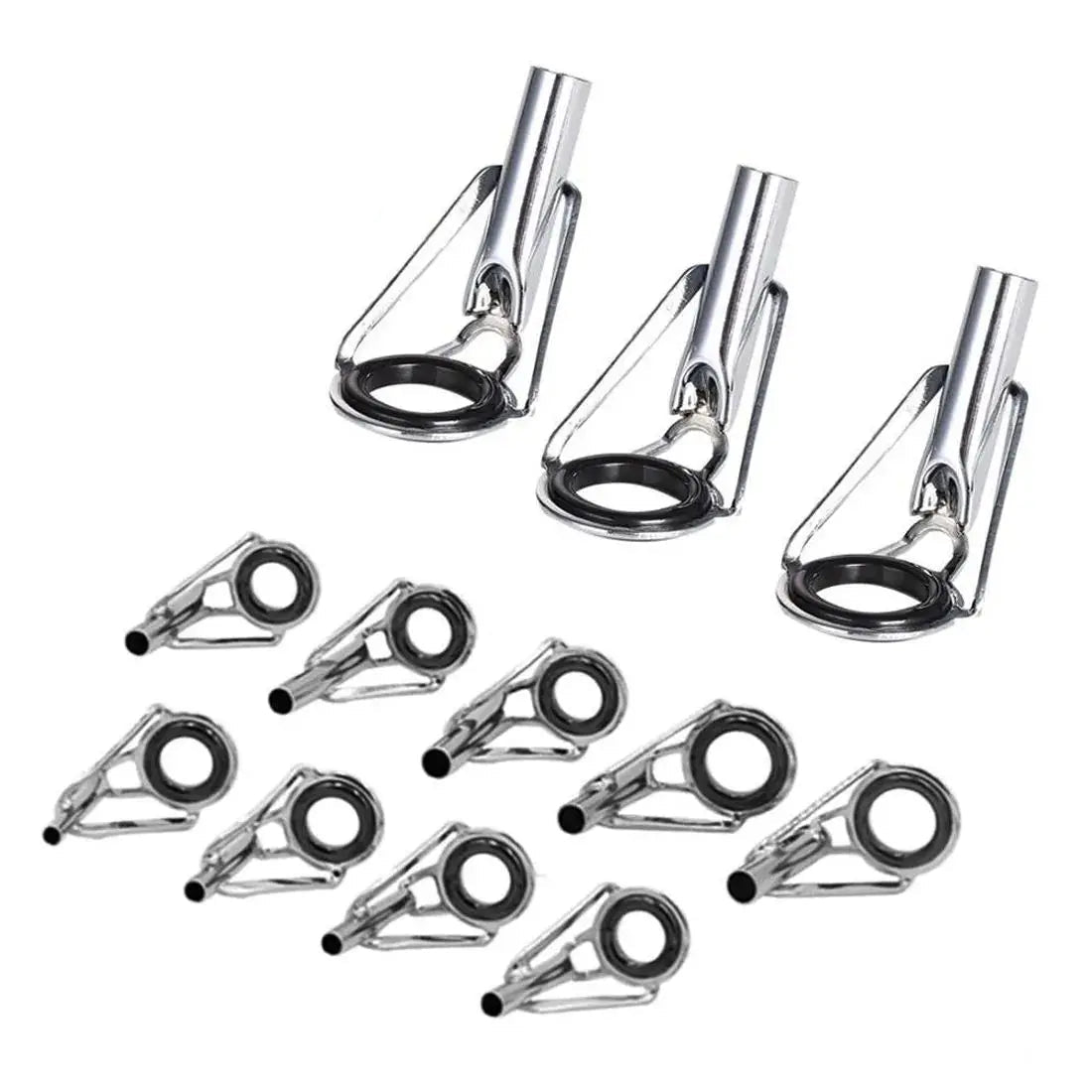 Set of stainless steel fishing rod tip guides with ceramic rings for smooth line casting