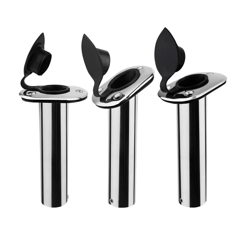 Stainless steel flush mount rod holders with black PVC caps in 15, 30, and 90 degree angles
