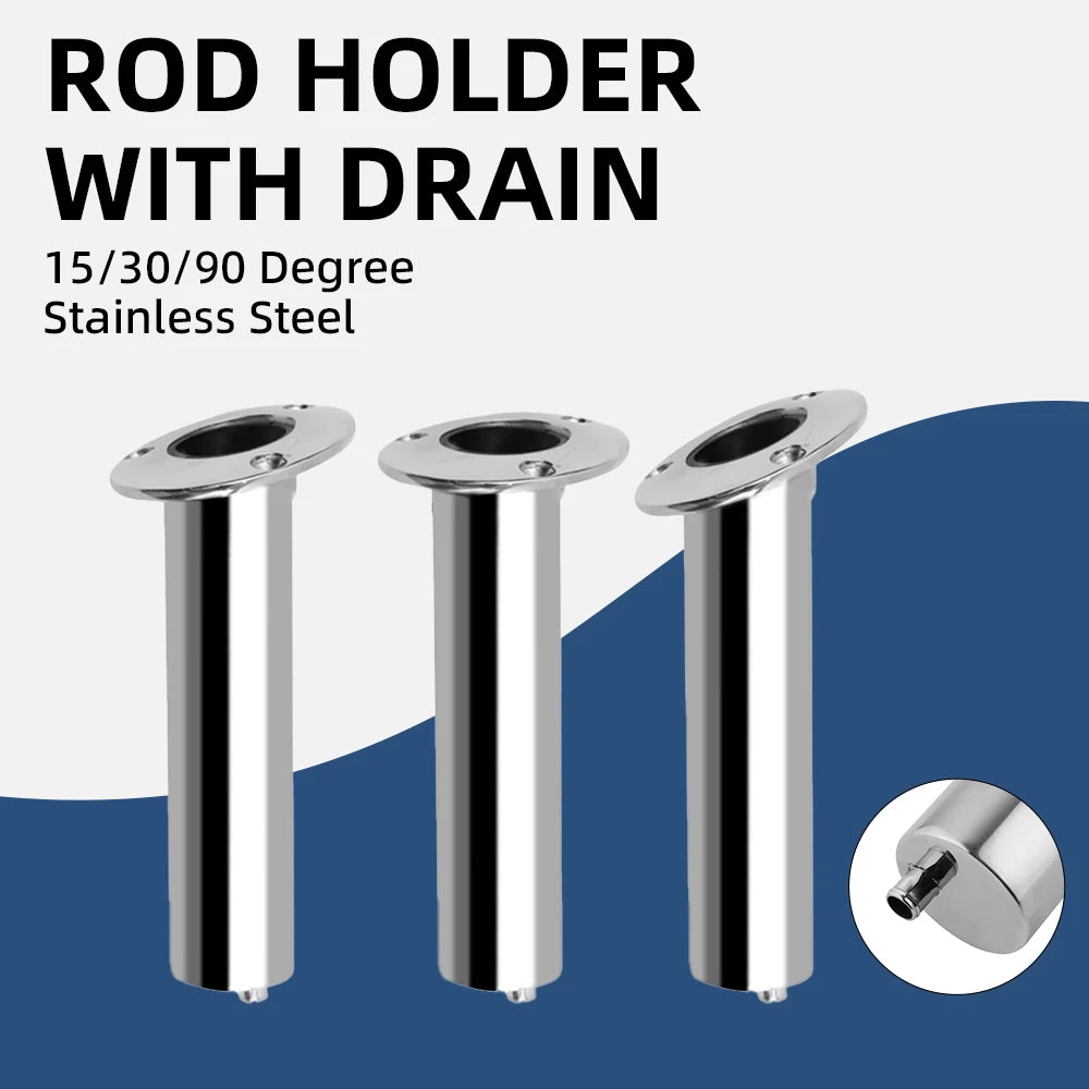 Stainless steel flush-mount rod holders with drainage outlet shown in 15, 30, and 90 degree options