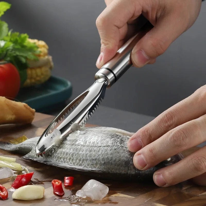 Stainless steel fish scaler removing scales from whole fish