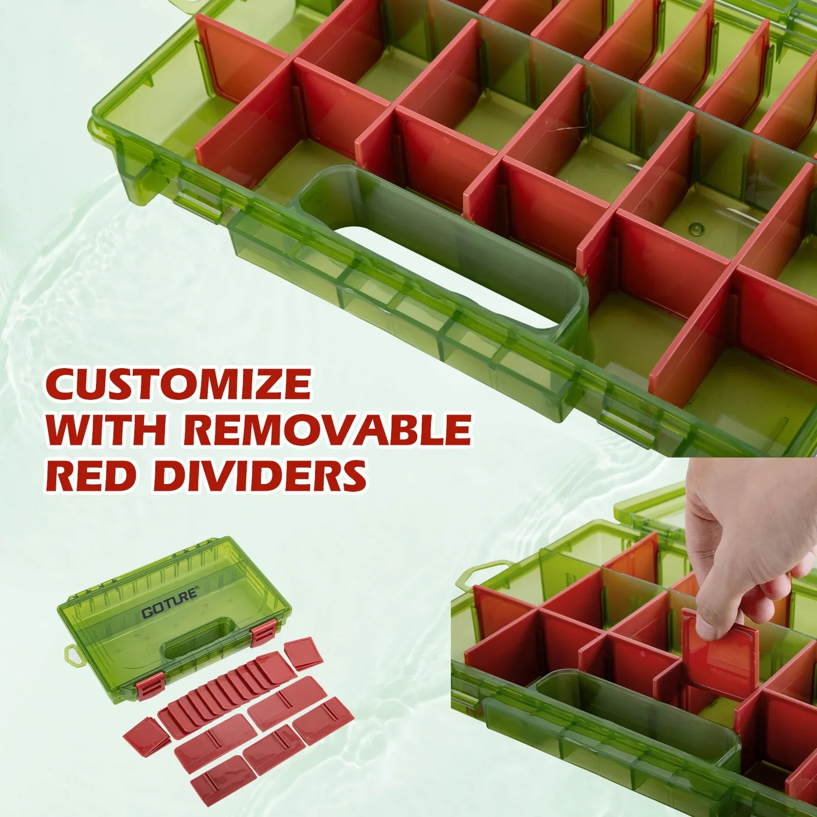 Fishing tackle box with removable red dividers for custom storage layout