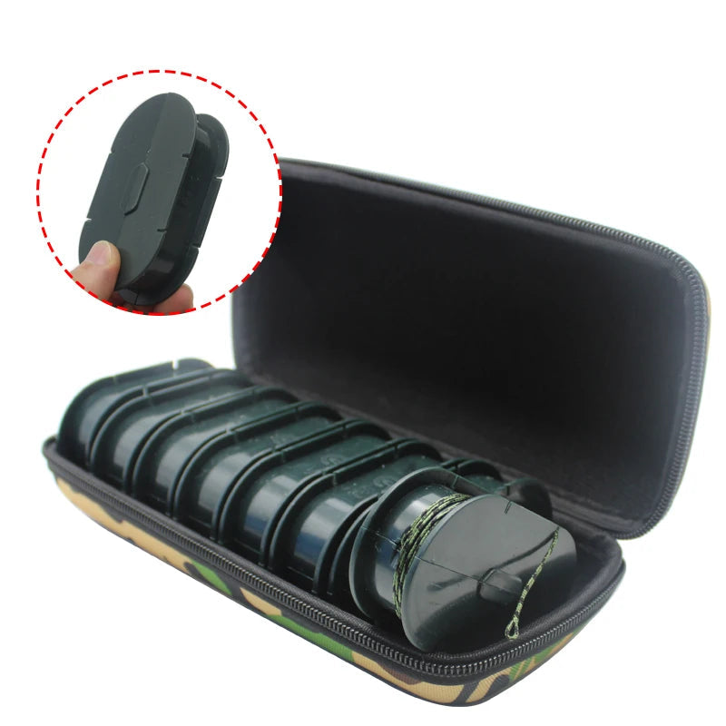 Compact rig storage case showing hand-held size and secure clip